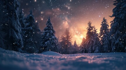 Fototapeta na wymiar a night scene with snow covered trees and a sky full of stars and the sun shining through the trees and the snow on the ground is covered in the foreground.