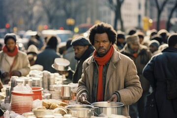 Man with intense gaze in a bustling outdoor market. Humanitarian assistance for homeless people.