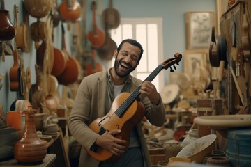 Joyful man playing a string instrument in a music shop