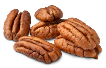 Pecan nuts peeled group isolated on a transparent background. High resolution detail macro shot with focus stacking composed of several images