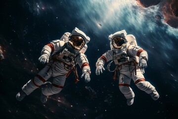 Two astronauts floating in space, Earth reflected in their visors - obrazy, fototapety, plakaty
