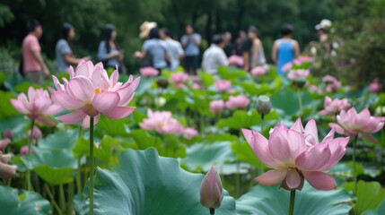Obraz premium a group of people standing in the middle of a field of water lilies with pink flowers in the foreground and green leaves on the other side of the field.