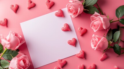  a sheet of paper surrounded by pink roses and hearts on a pink background with a white sheet of paper in the shape of a heart and a few pink roses.