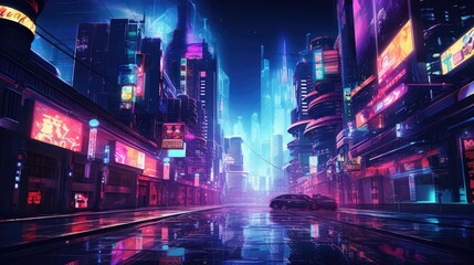 Fototapeta na wymiar A cyberpunk-inspired cityscape at night, illuminated by neon signs and lights, with futuristic cars traversing the vividly colored streets. Resplendent.