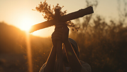 Hand and cross. Holy light. Christianity concept.