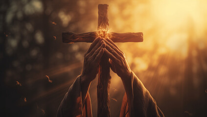 Hand and cross. Holy light. Christianity concept. - obrazy, fototapety, plakaty