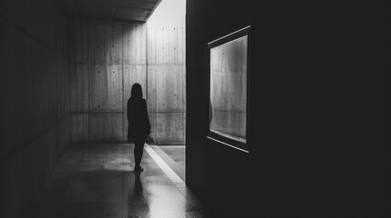  a black and white photo of a woman standing in a dark hallway with her back to the camera and looking at the light coming through the window of the door.