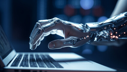 Cyborg hand is typing in computer. artificial intelligence (ai) concept. blue tones. futuristic look.