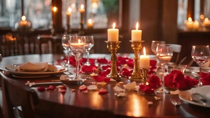 Elegant Table Setting With Candles and Rose Petals