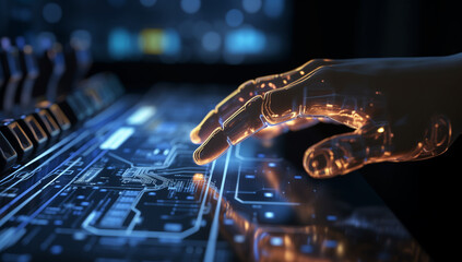 Cyborg hand is typing in computer. artificial intelligence (ai) concept. blue tones. futuristic look.