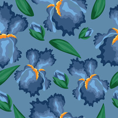 seamless floral pattern of open blue iris buds, iris petals on pastel background, for textile, holiday cards or packaging