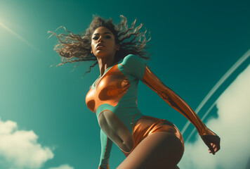low angle shot of athletic dark skin woman in futuristic swin suit - obrazy, fototapety, plakaty
