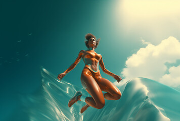 low angle shot of athletic dark skin woman in futuristic swin suit