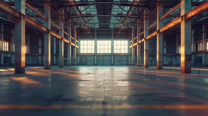 Fototapeta premium Empty industrial warehouse bathed in the warm glow of sunlight filtering through large windows, creating a play of light and shadows.