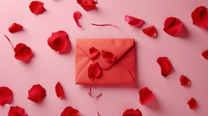  a pink envelope with a red bow on it surrounded by petals of red rose petals on a pink background with a pink envelope with a red ribbon in the middle.