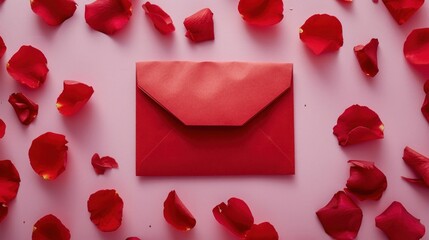  a red envelope sitting on top of a pink surface surrounded by petals of red rose petals and petals of red rose petals on a pink surface with rose petals and petals.