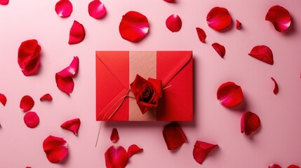  a red envelope with a rose on it surrounded by petals of rose petals on a pink background with petals of rose petals and petals scattered on the floor of petals.