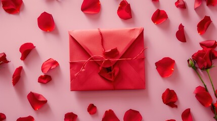  a red envelope with a heart tied to it surrounded by red rose petals and petals on a pink background with a single rose in the foreground of the envelope.
