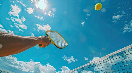 Pickleball game in action, hands hitting yellow ball with paddle against the vibrant blue sky, showcasing the excitement of outdoor sport