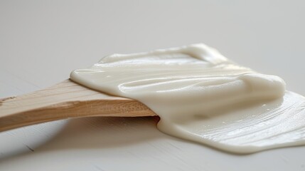 Close-up of sugar paste on a wooden spatula, highlighting the beauty and care of the depilation experience