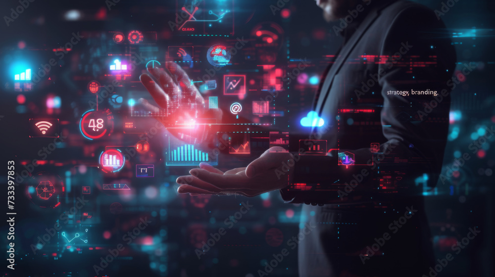 Poster hand interacting with futuristic holographic interface screens with various digital graphs, data vis