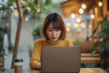 A freelancer Asian women works in a cafe with a laptop. Work from anywhere concept