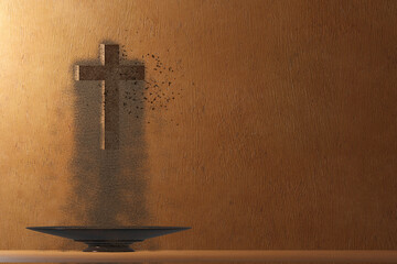 Ash Wednesday. Wooden cross with ashes and dust on wooden background. 3D render illustration.