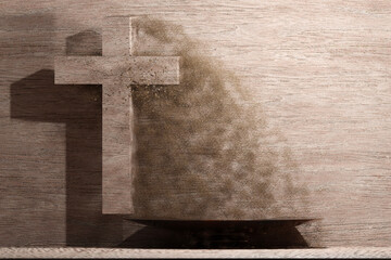 Ash Wednesday background. Wooden cross with ashes on wooden wall. 3D render illustration.