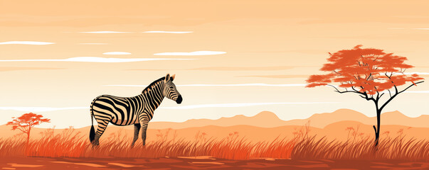 Fototapeta na wymiar Zebra in the African savanna at sunset light, panoramic view, illustration generative AI