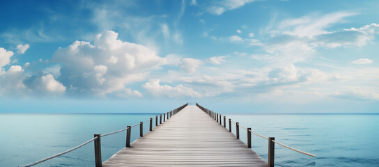 Wooden pier with blue sea and sky background	