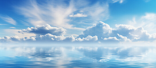 Peaceful heaven like seascape. Ocean and sky meet at horizon. Blue ocean and blue sky with white clouds. 