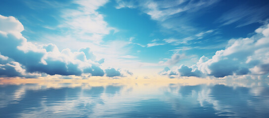 Obraz premium Peaceful heaven like seascape. Ocean and sky meet at horizon. Blue ocean and blue sky with white clouds. 