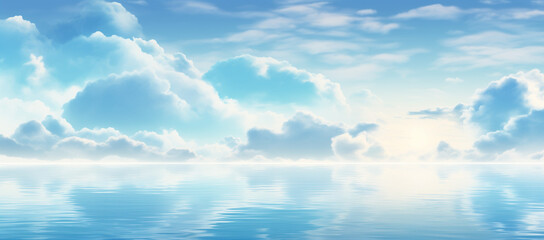 Peaceful heaven like seascape. Ocean and sky meet at horizon. Blue ocean and blue sky with white clouds. 