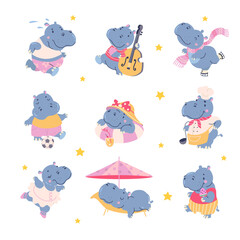 Cartoon hippo. Funny fatty hippos dancing, sleeping, walking and play football or soccer. Isolated wild animals in different situation, nowaday vector characters