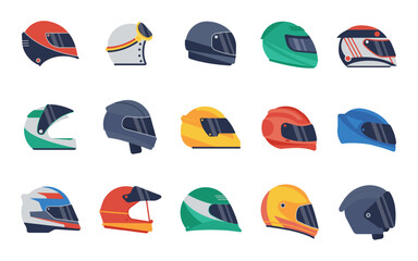 Moto helmets. Motorcycle helmet, biker racing uniform. Headgear daily or sport style, head protect for drivers. Isolated accessories decent vector set