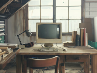 Vintage retro abandoned coworking office in dusty dirty room with vintage PC personal computer, keyboard. Media services, new digital world, end of analog devices, streaming services concept image.