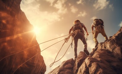 a middle aged couple climbing with ropes