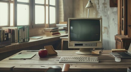 Vintage retro abandoned coworking office in dusty dirty room with vintage PC personal computer, keyboard. Media services, new digital world, end of analog devices, streaming services concept image.