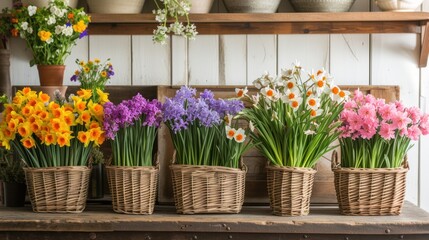  a bunch of flowers sitting in baskets on a shelf next to a shelf with vases of flowers on it and a shelf with pots of flowers in the background.