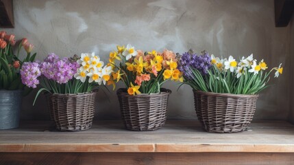  a group of baskets filled with flowers sitting on top of a wooden table next to a gray vase filled with purple, yellow, and orange daffodils.