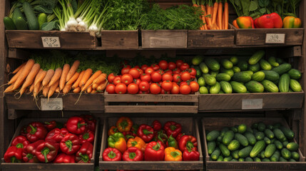 assortment of fresh vegetables neatly organized on a market stall