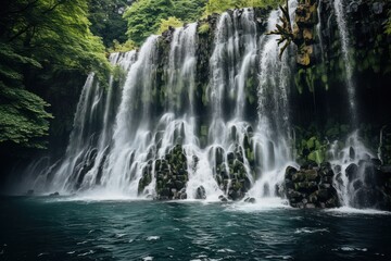 Fototapeta premium A powerful waterfall stands tall in the middle of a vast body of water, creating an impressive sight.
