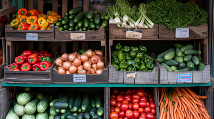 assortment of fresh vegetables neatly organized on a market stall - obrazy, fototapety, plakaty