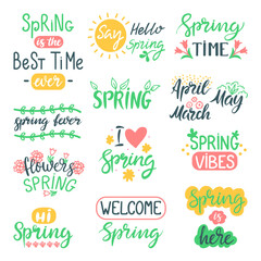 Hello spring quotes. Floral calligraphy springtime handwritten prints design. Positive phrases for stickers, postcards or posters, neoteric vector set