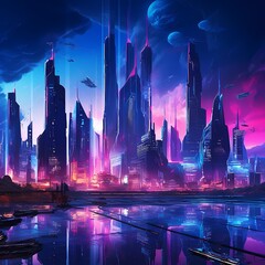 Fototapeta na wymiar Futuristic Cityscape with Neon Lights and Extraterrestrial Planets