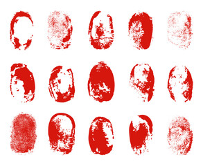 Bloody fingerprints. Isolated fingerprint in blood, red human identification elements and stains. Crime investigation, victim or criminal, neoteric vector set - obrazy, fototapety, plakaty