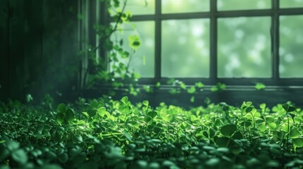  a window sitting above a lush green field next to a lush green grass covered forest filled with lots of leafy green plants in front of a window sill.