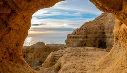 Stunning natural caves in the Algar seco cliffs, Carvoeiro, Lagoa, Algarve, Portugal.