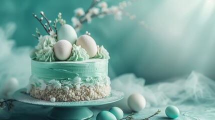 Fototapeta na wymiar a cake decorated with green frosting and decorated with eggs on top of a cake platter surrounded by blue and white eggs on a blue background with feathers and flowers.
