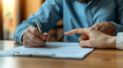 close-up of individuals at a table during a document signing process.